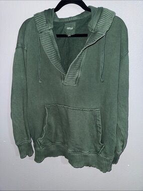 aerie Green Ribbed V-Neck Pullover Hoodie